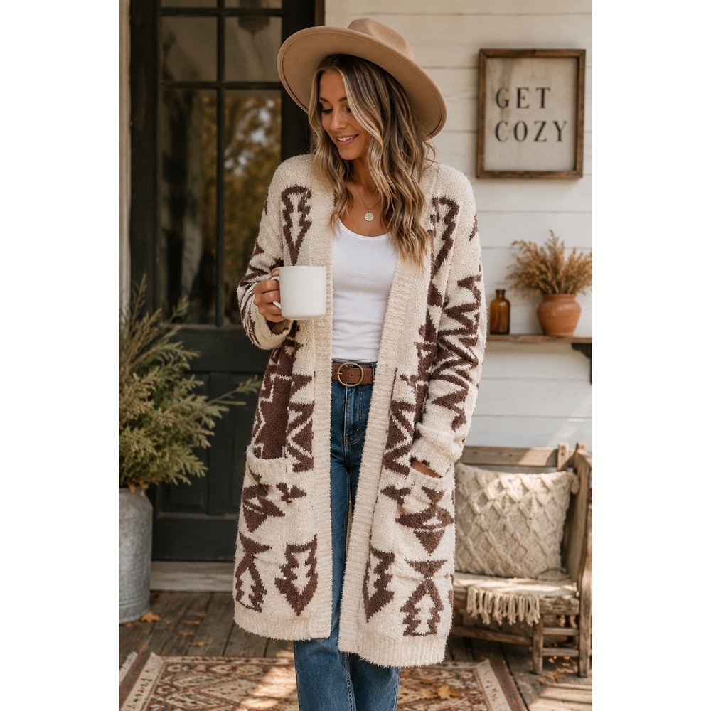 In Loom S/M Southwestern Aztec Long Cardigan Cream Brown Soft Boho Western